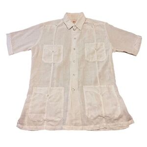 Maya Fiel Guayabera Shirt White Cotton Vintage Men Large 16 - 16.5 Pockets